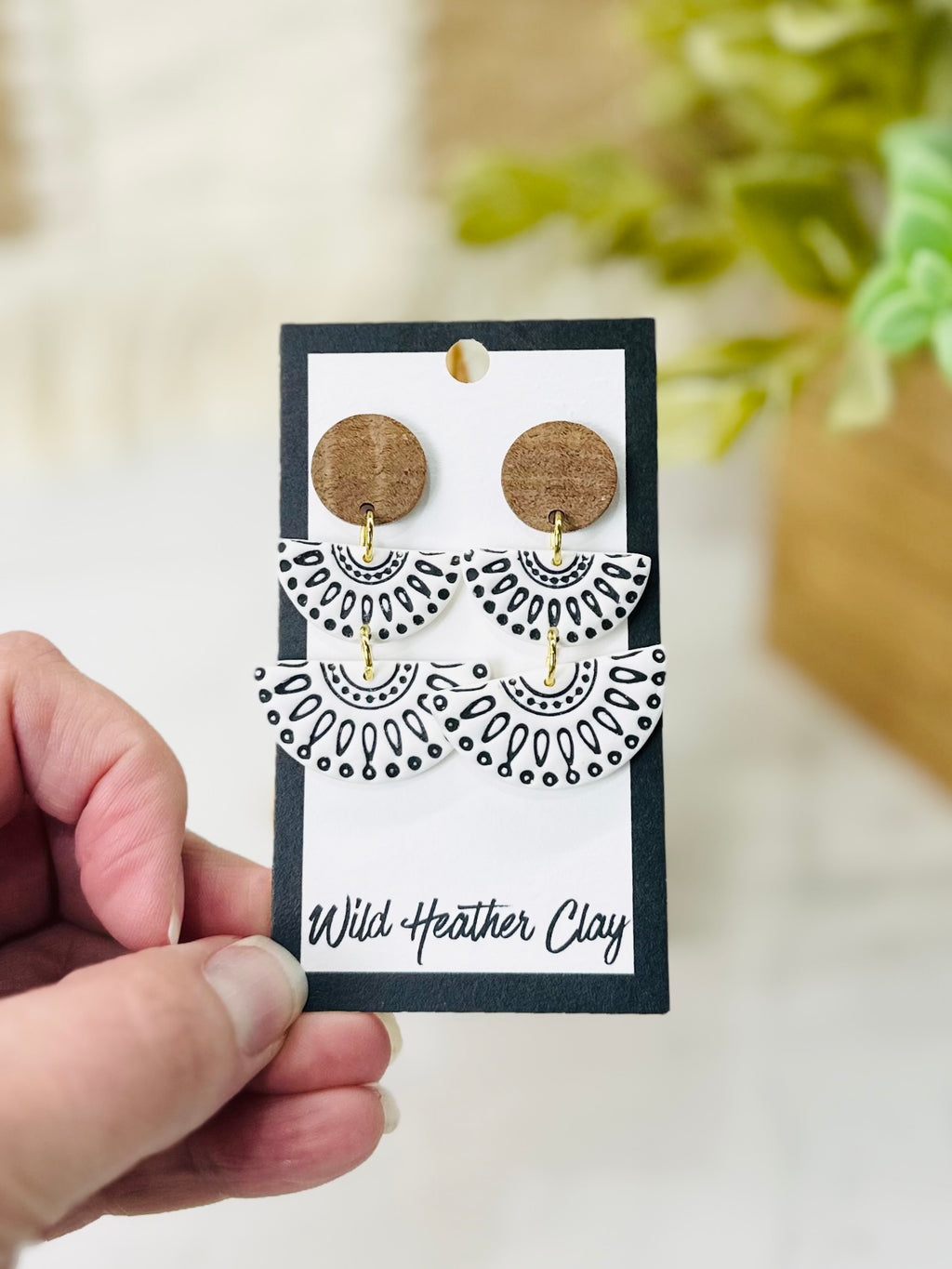 Black & White Boho Dangle Earrings with Wood | Handmade Polymer Clay Earrings