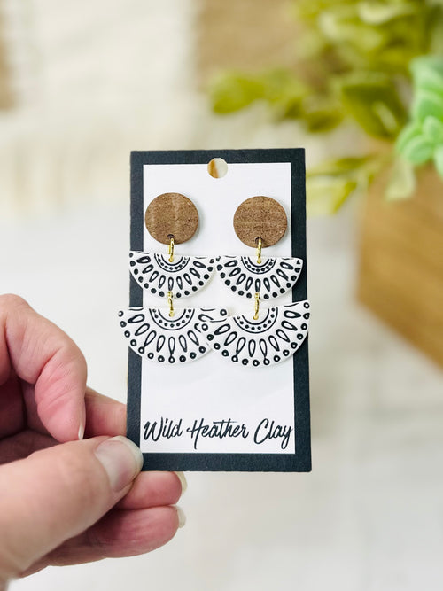 Black & White Boho Dangle Earrings with Wood | Handmade Polymer Clay Earrings