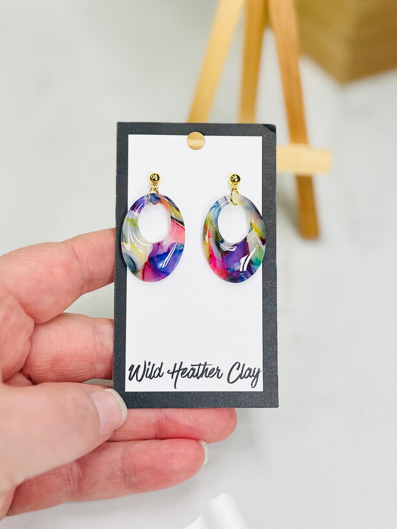 Colorful Abstract Open Oval Earrings | Handmade Polymer Clay Earrings