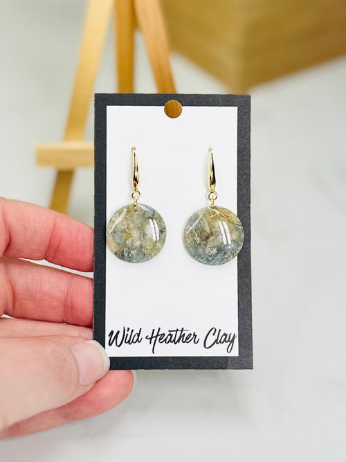 Blue & Gold Marbled Circle Dangle Earrings | Handmade Polymer Clay Earrings