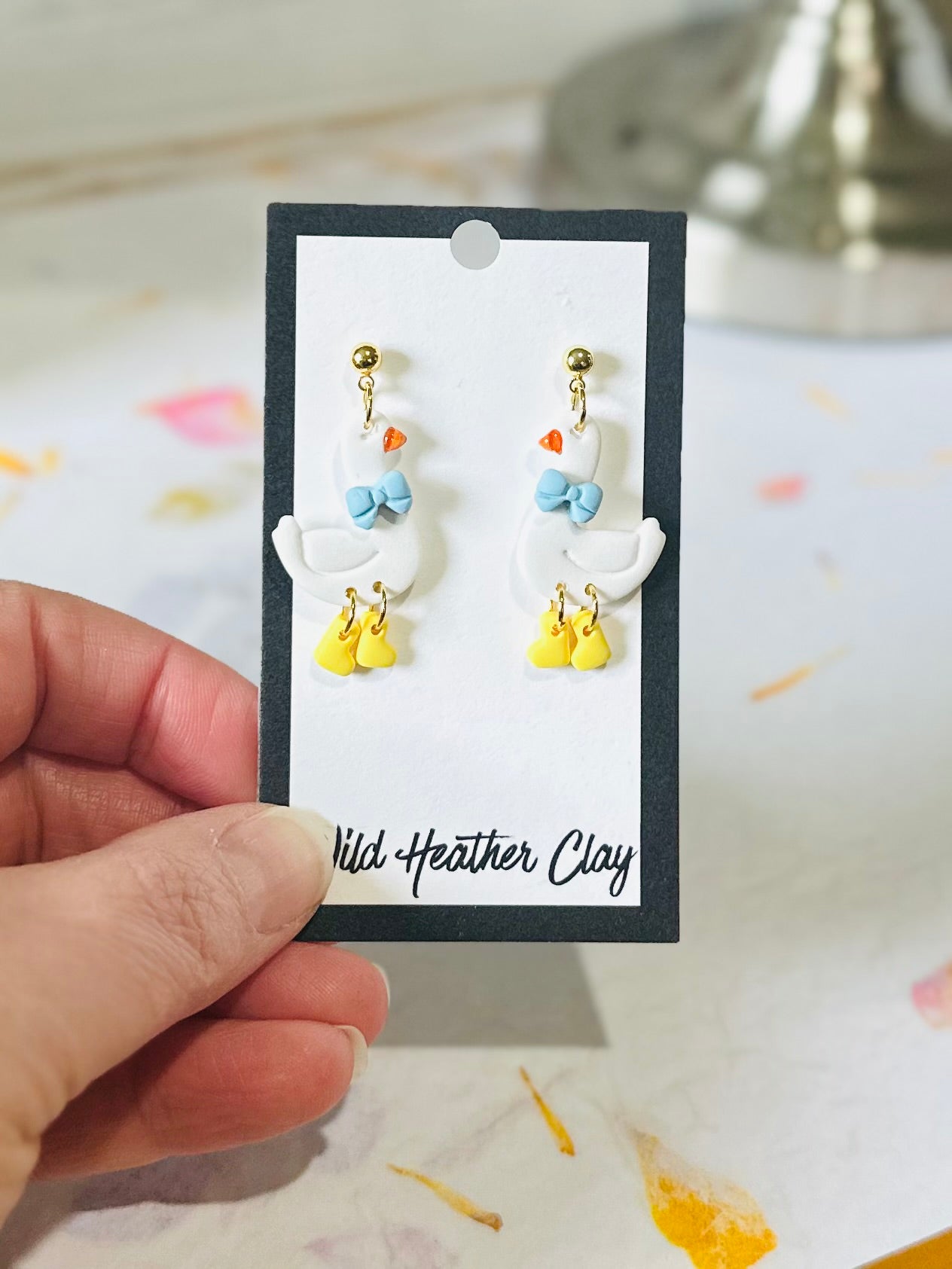 Handmade Goose Clay Earrings | Cute Farm Animal Dangle Earrings | Blue Bow Statement Earrings | Whimsical Cottagecore Jewelry