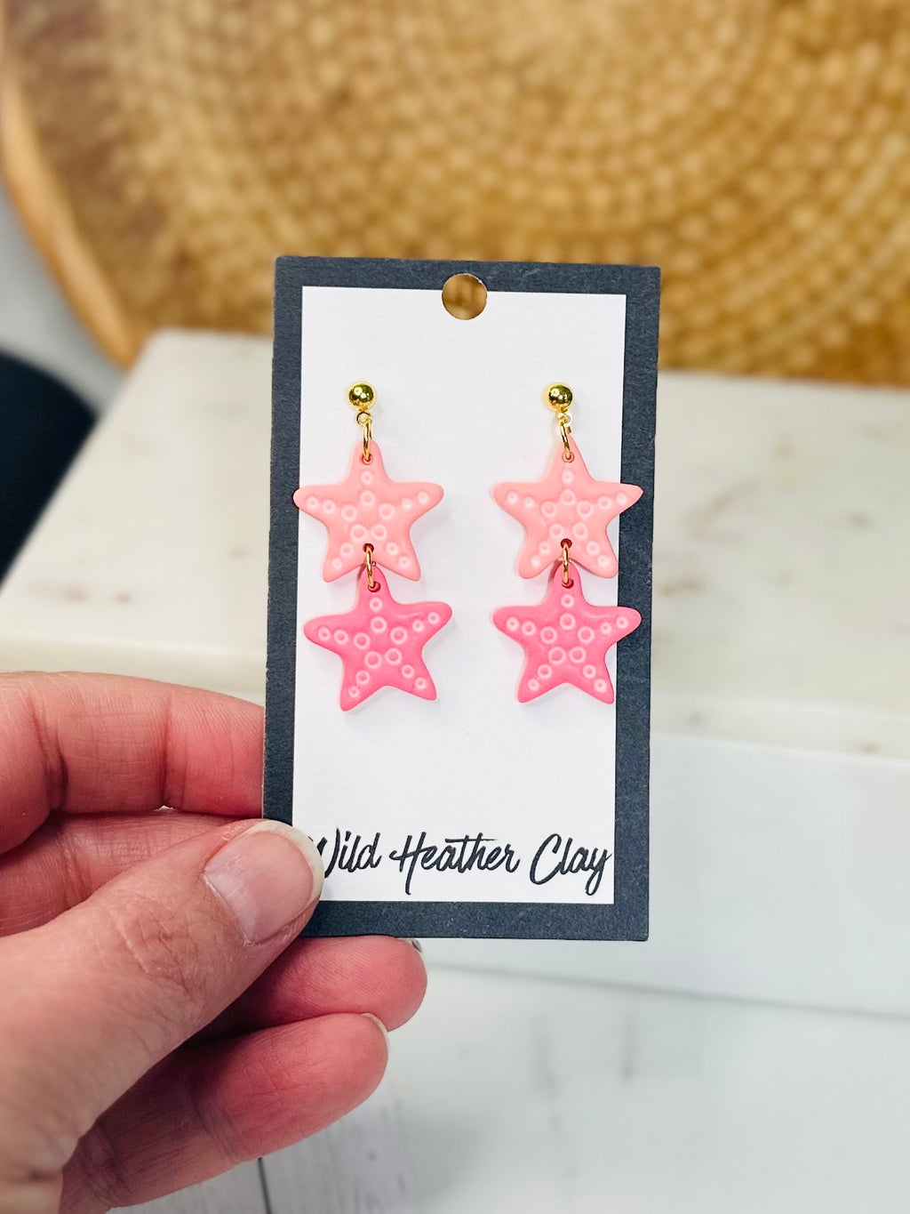 Pink Starfish Earrings – Handmade Polymer Clay Coastal Earrings, Beach Dangle Earrings, Lightweight Summer Jewelry