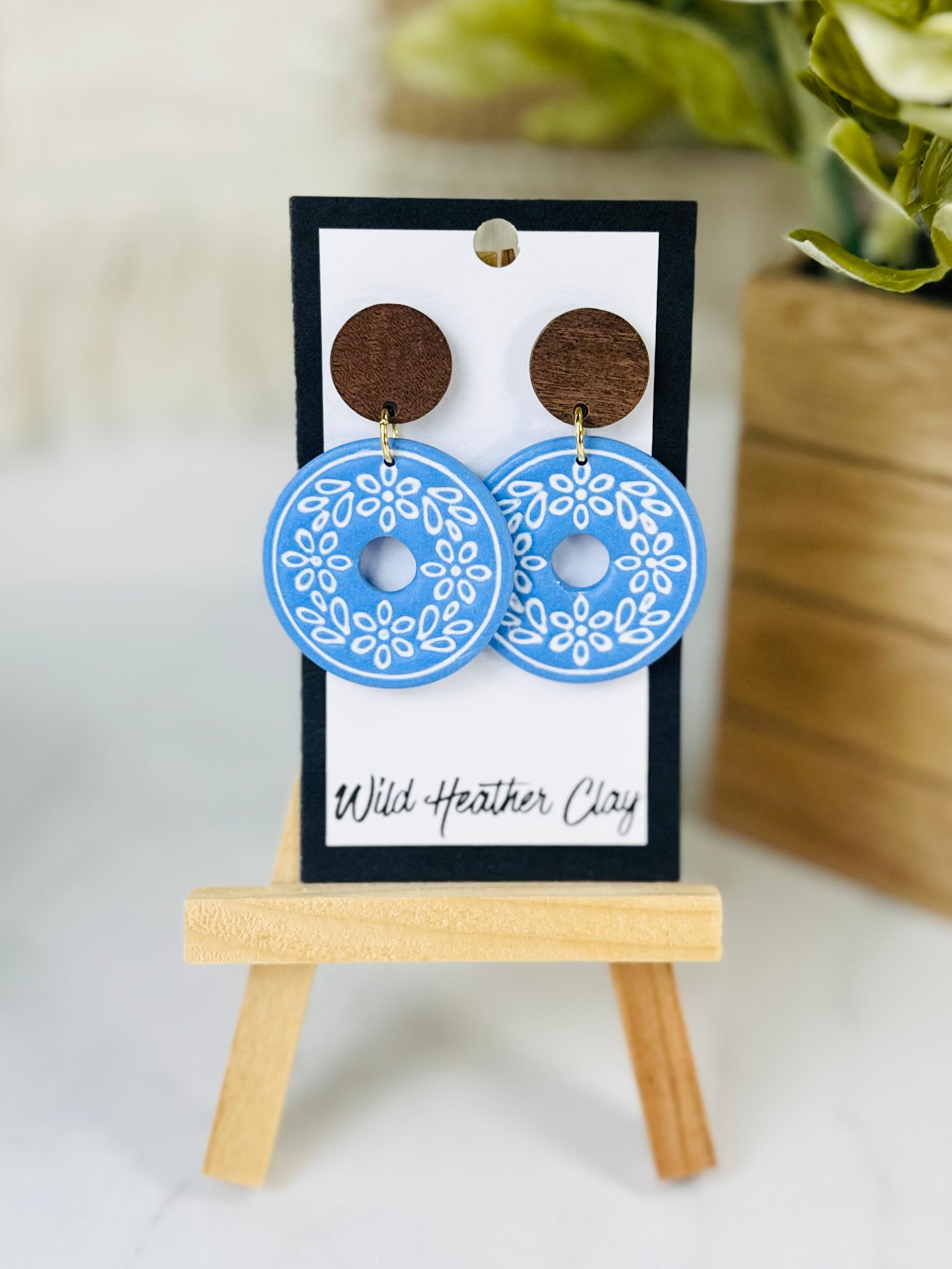 Periwinkle Blue Floral Circle Earrings with Wood | Handmade Polymer Clay Earrings