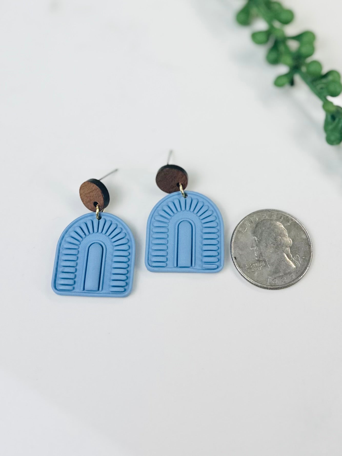 Dusty Blue Arch Statement Earrings with Wood | Handmade Polymer Clay Earrings
