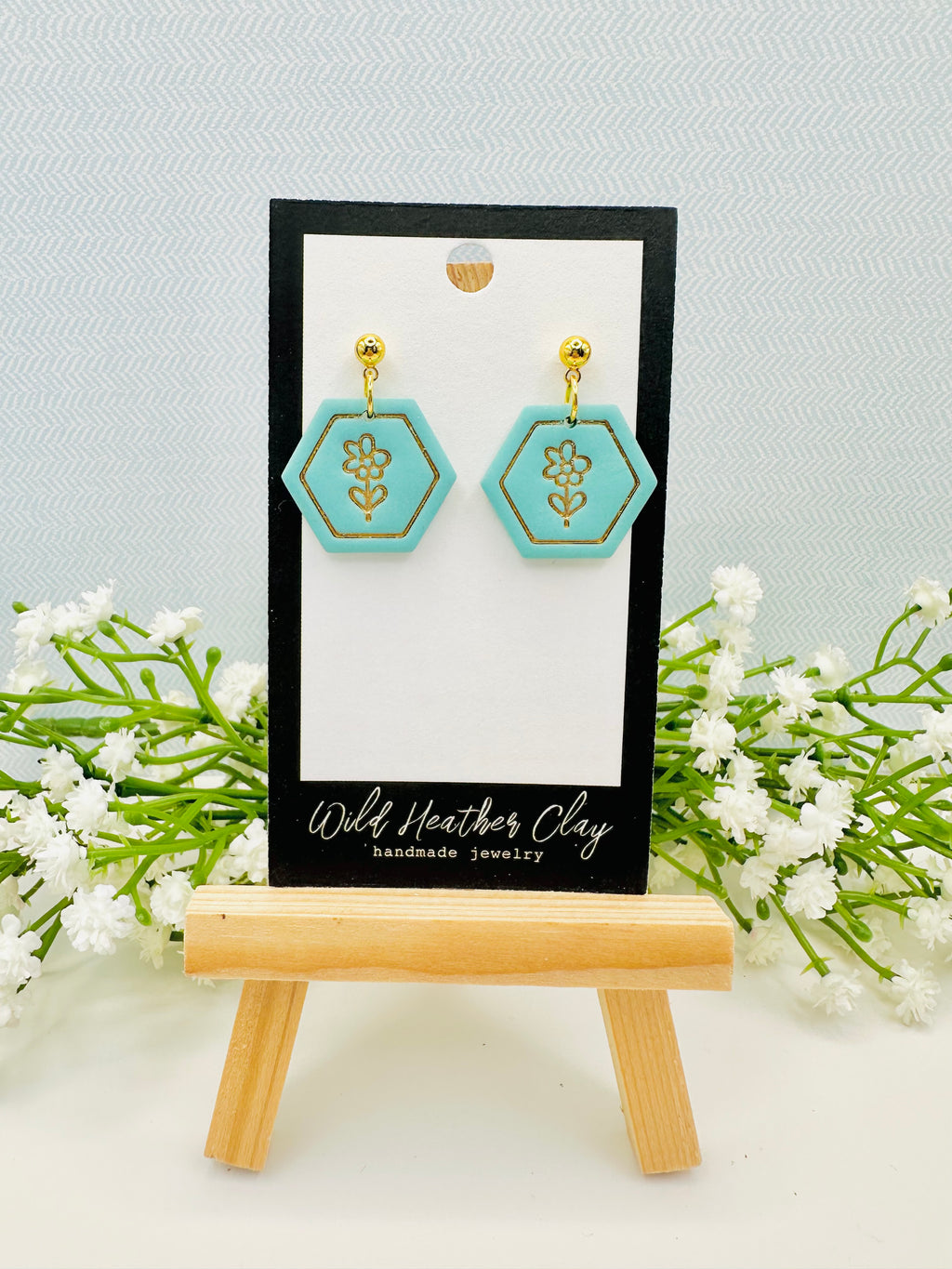 Blue Flower Earrings with Gold Studs | Handmade Polymer Clay Earrings | Spring Floral Statement Earrings