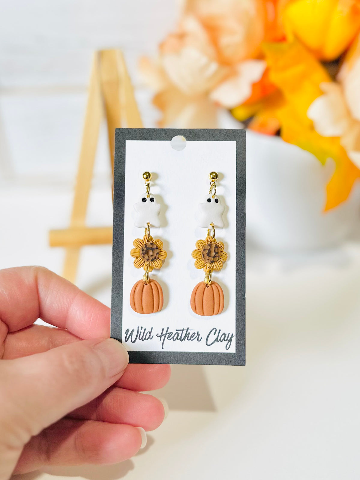 Ghost, Sunflower & Pumpkin Polymer Clay Earrings