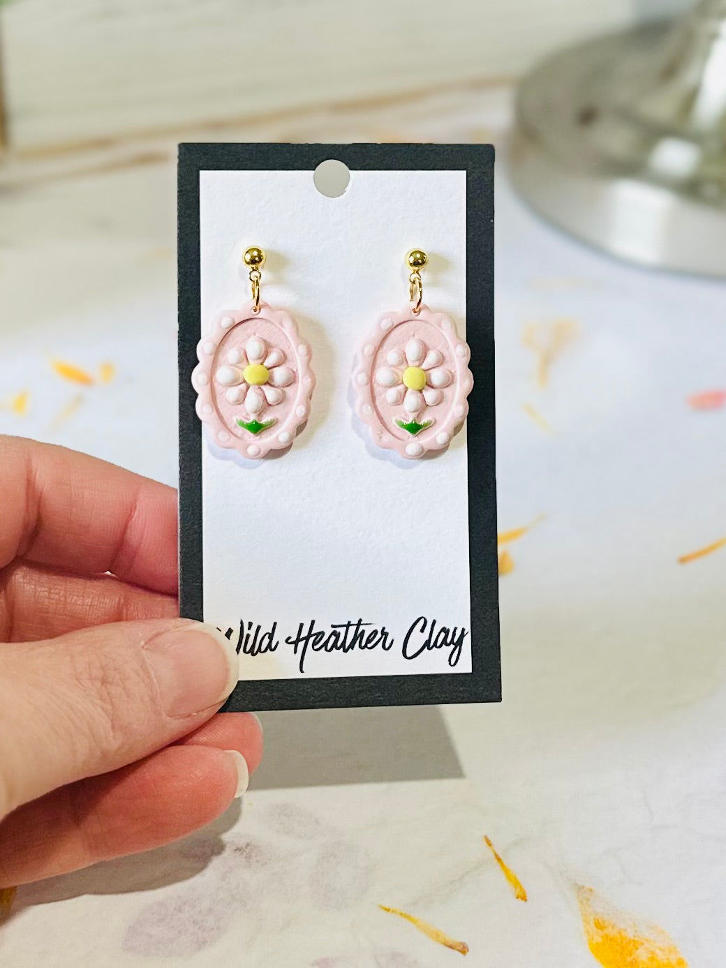 Vintage Inspired Daisy Earrings|     Floral Pink Frame Polymer Clay Dangle Earrings