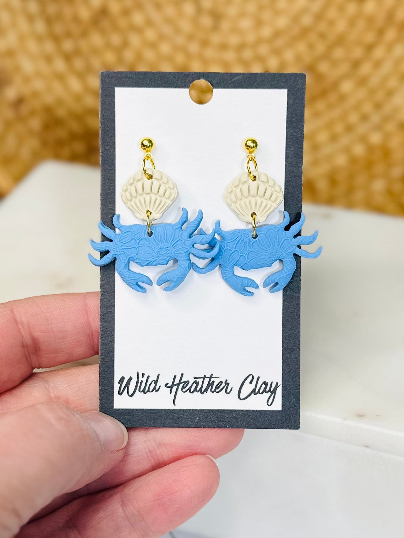Costal Blue Crab & Shell Earrings – Handmade Coastal Polymer Clay Earrings, Beach Dangle Earrings, Lightweight Summer Jewelry