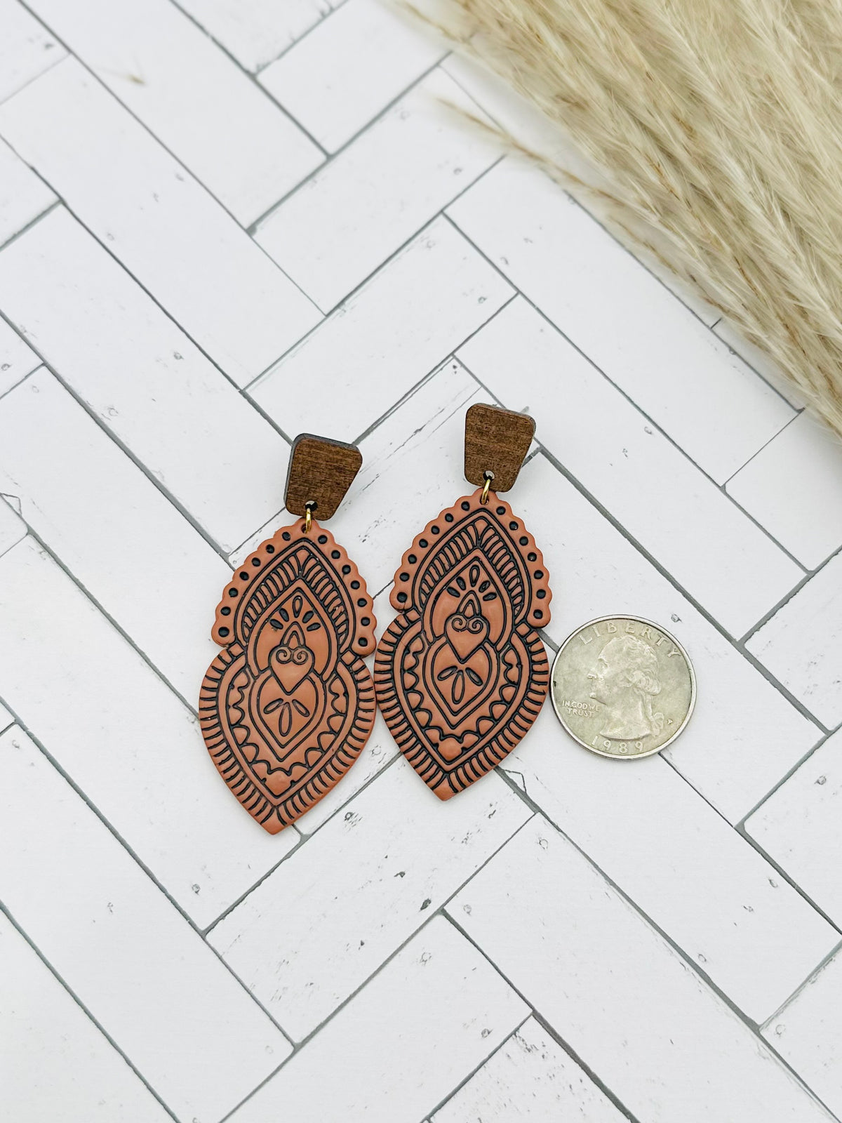 Cinnamon Ornate Folk Art Drop Earrings