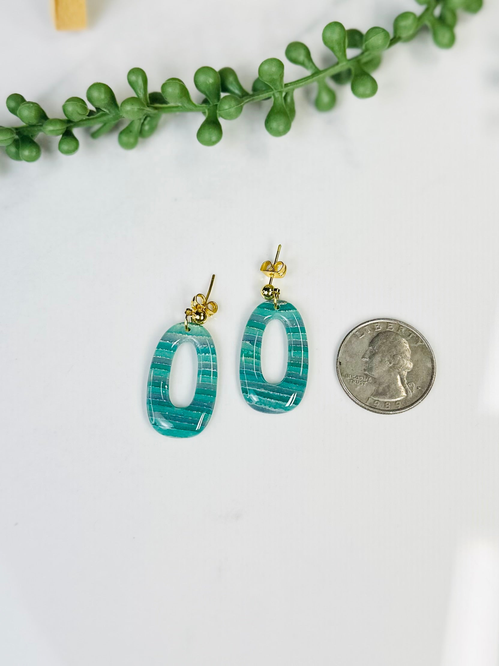 Turquoise Striped Open Oval Earrings | Handmade Polymer Clay Earrings