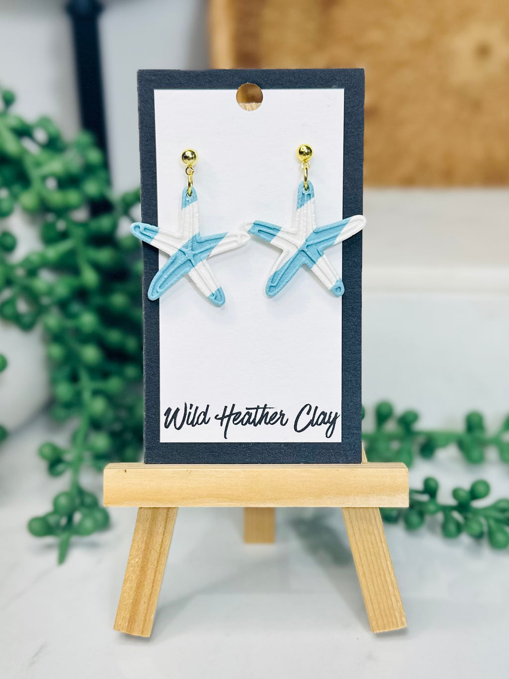 Blue and White Starfish Earrings – Handmade Polymer Clay Coastal Earrings, Beach Statement Earrings, Lightweight Summer Jewelry