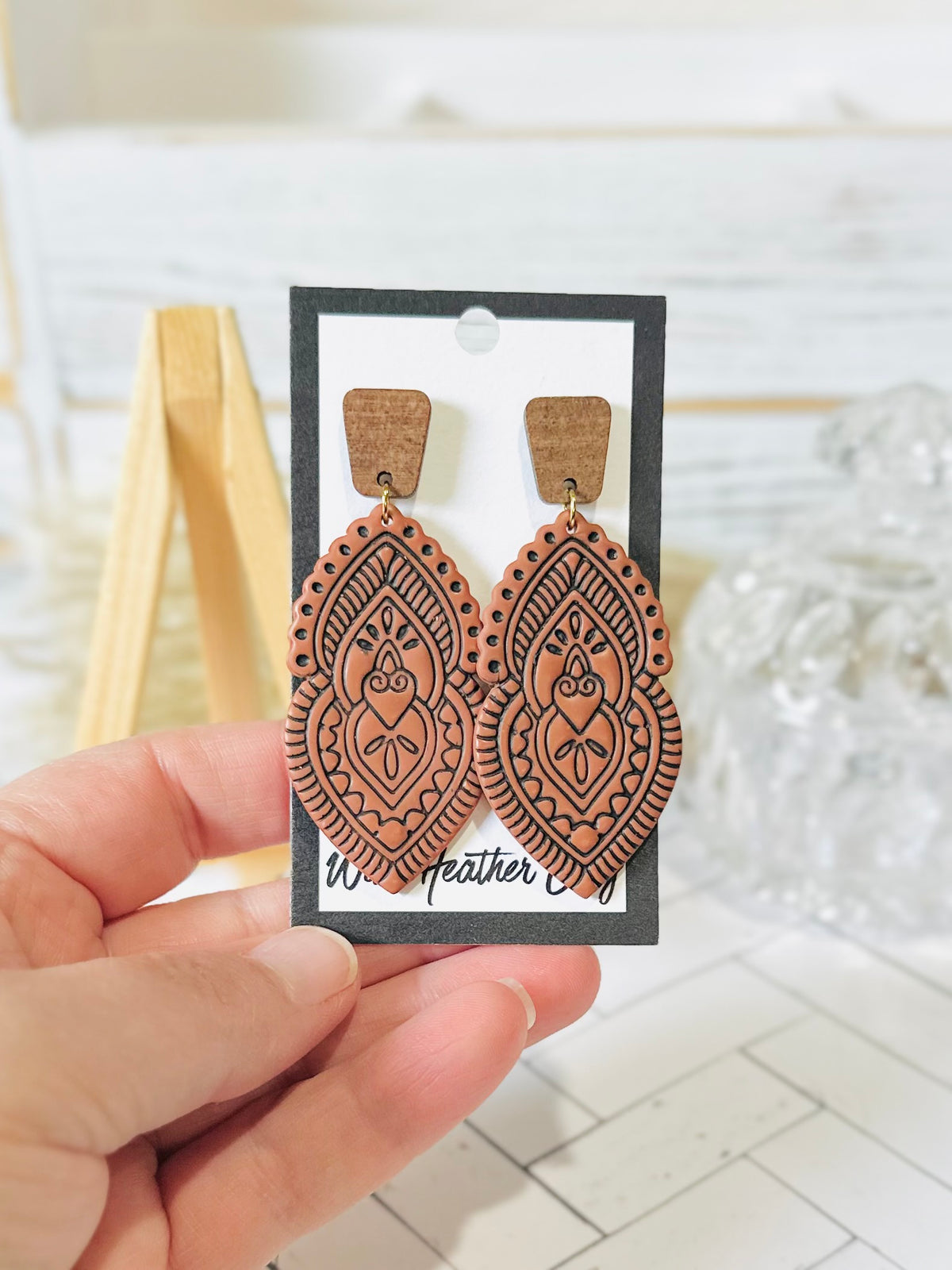 Cinnamon Ornate Folk Art Drop Earrings