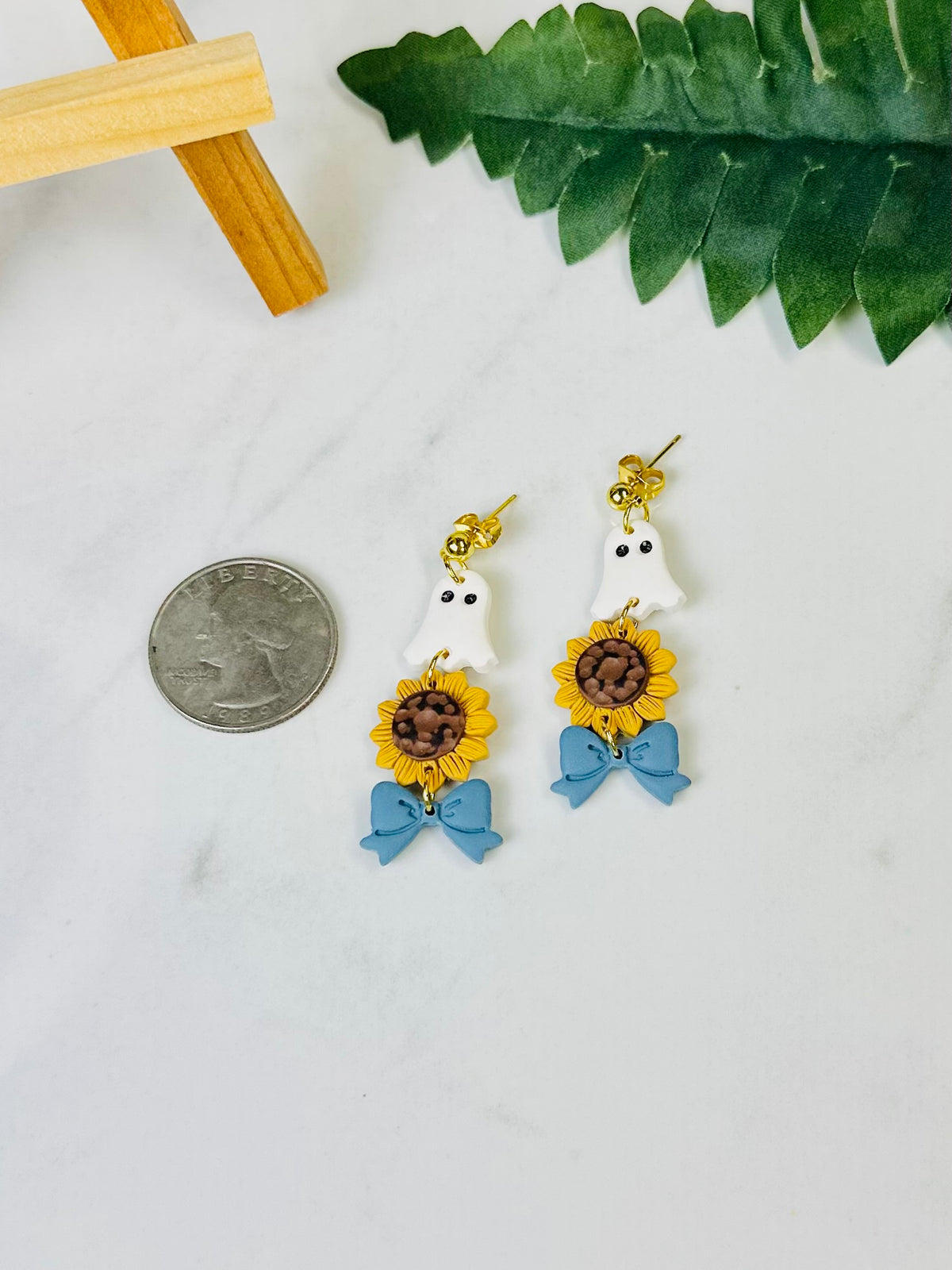 Ghost, Sunflower & Blue Bow Polymer Clay Earrings