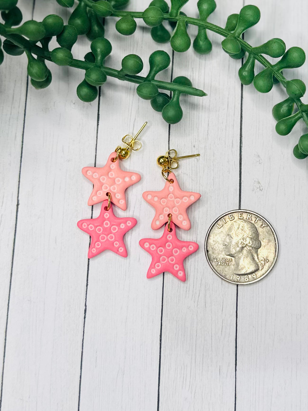 Pink Starfish Earrings – Handmade Polymer Clay Coastal Earrings, Beach Dangle Earrings, Lightweight Summer Jewelry