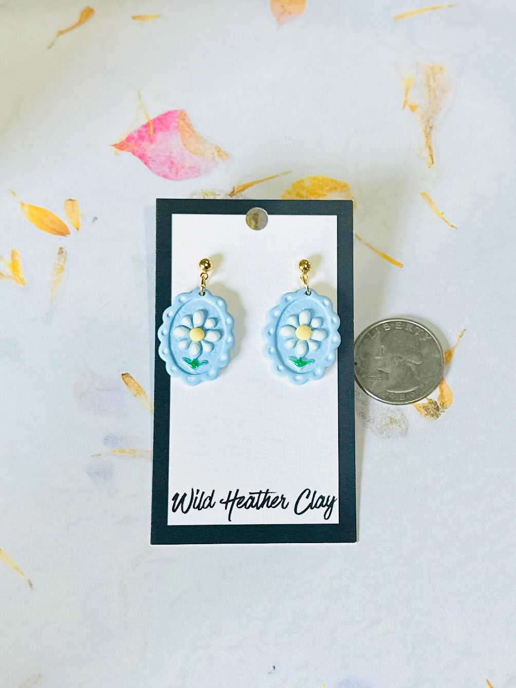 Vintage Inspired Daisy Earrings|     Floral Blue Frame Polymer Clay Dangle Earrings
