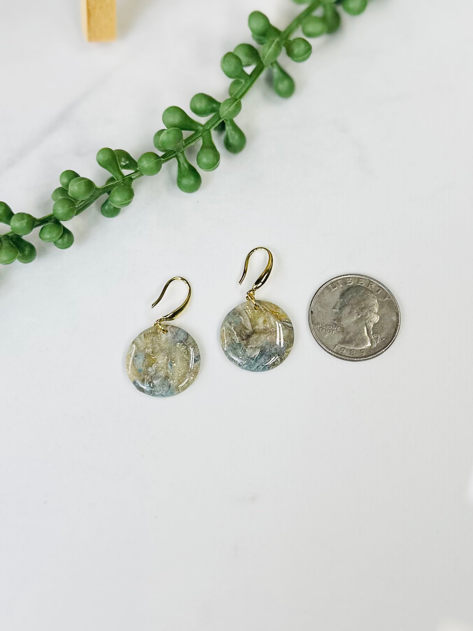 Blue & Gold Marbled Circle Dangle Earrings | Handmade Polymer Clay Earrings