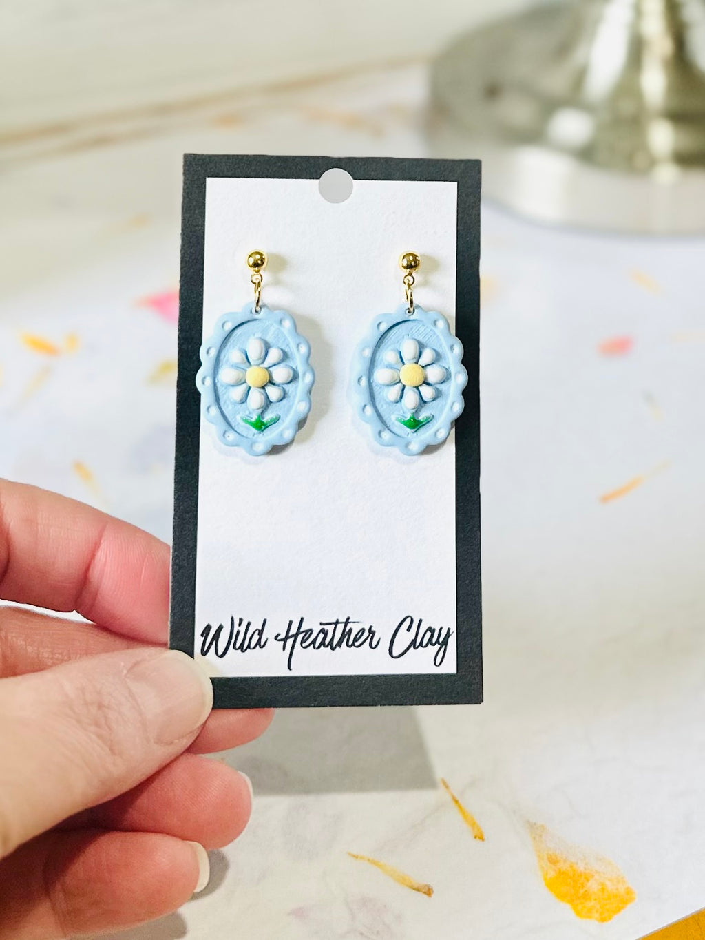 Vintage Inspired Daisy Earrings|     Floral Blue Frame Polymer Clay Dangle Earrings