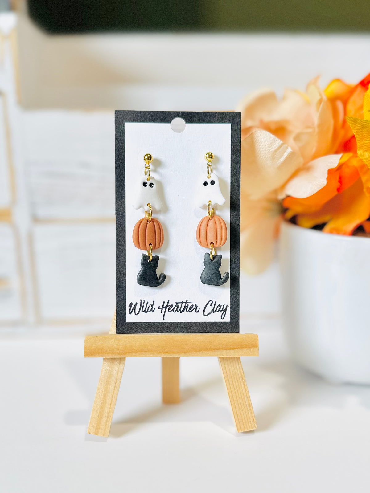 Ghost, Pumpkin & Black Cat Polymer Clay Earrings