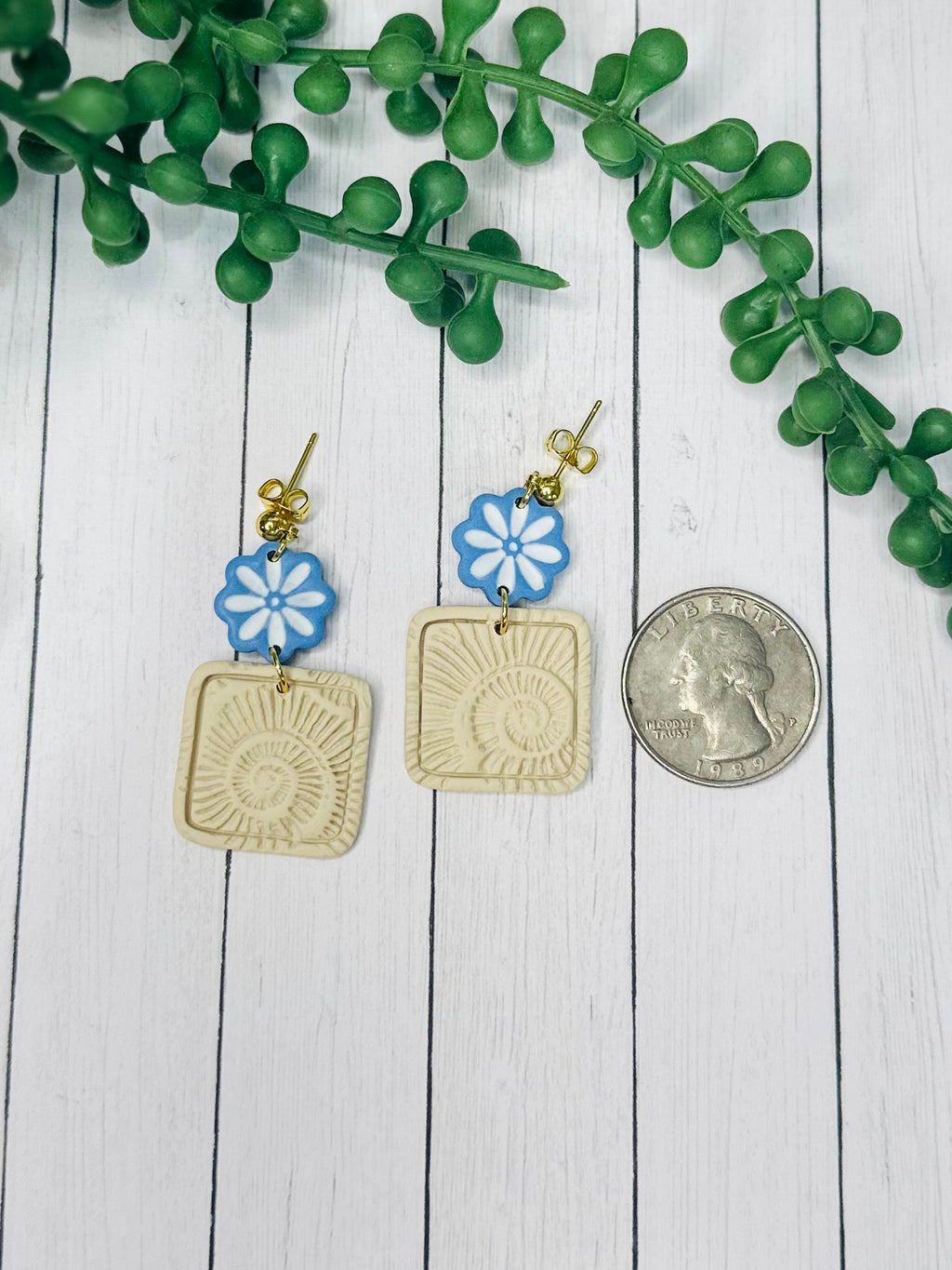 Spiral Blue Floral Statement Earrings – Handmade Polymer Clay Dangle Earrings, Lightweight Boho Jewelry, Modern Floral Earrings