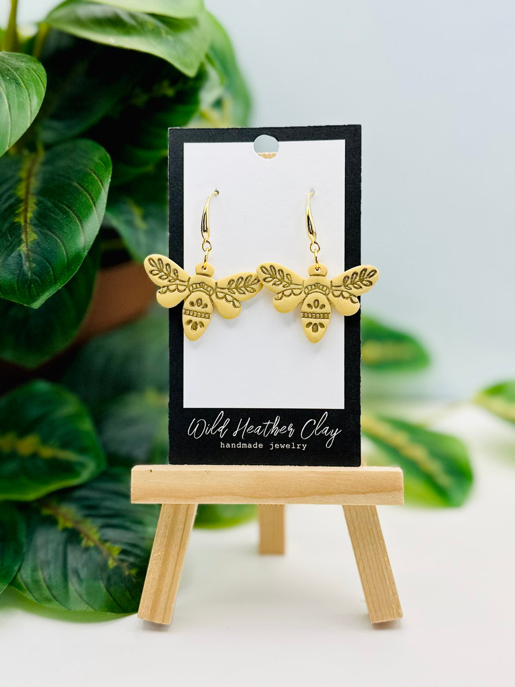 Gold Bee Earrings with Gold Inlay Detail-Handmade Polymer Clay Hook Earrings- Spring Statement Earrings