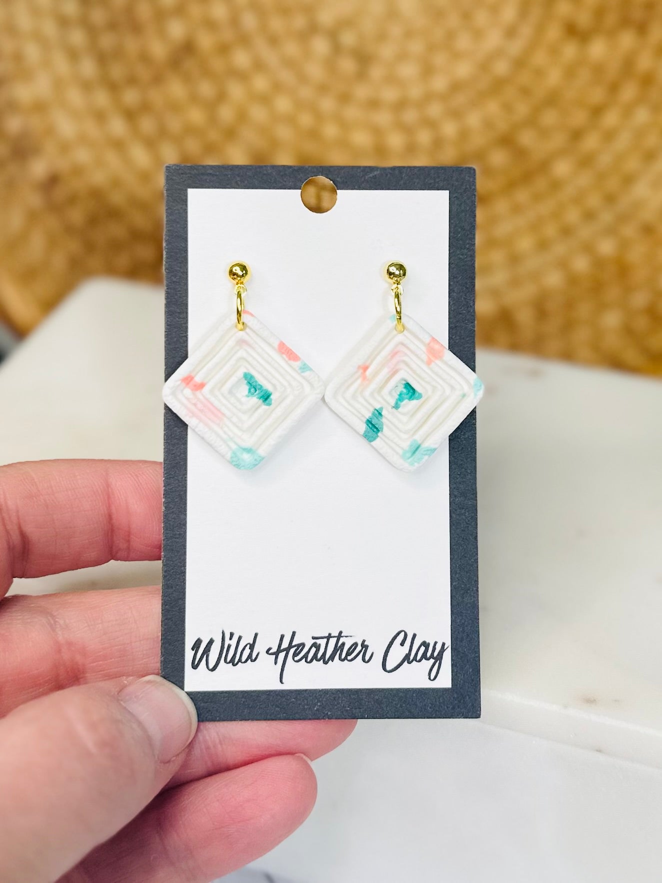 Square White Geometric Earrings – Handmade Polymer Clay Dangle Earrings, Minimalist Gold Earrings, Lightweight Modern Jewelry