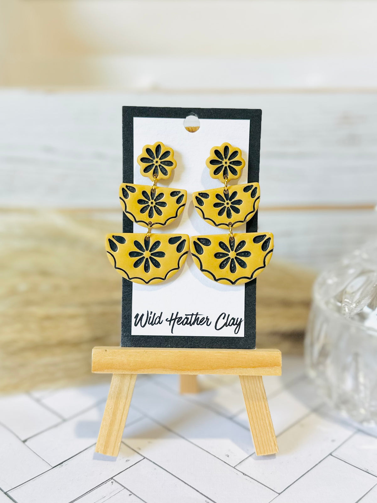 Mustard Floral Tiered Polymer Clay Earrings