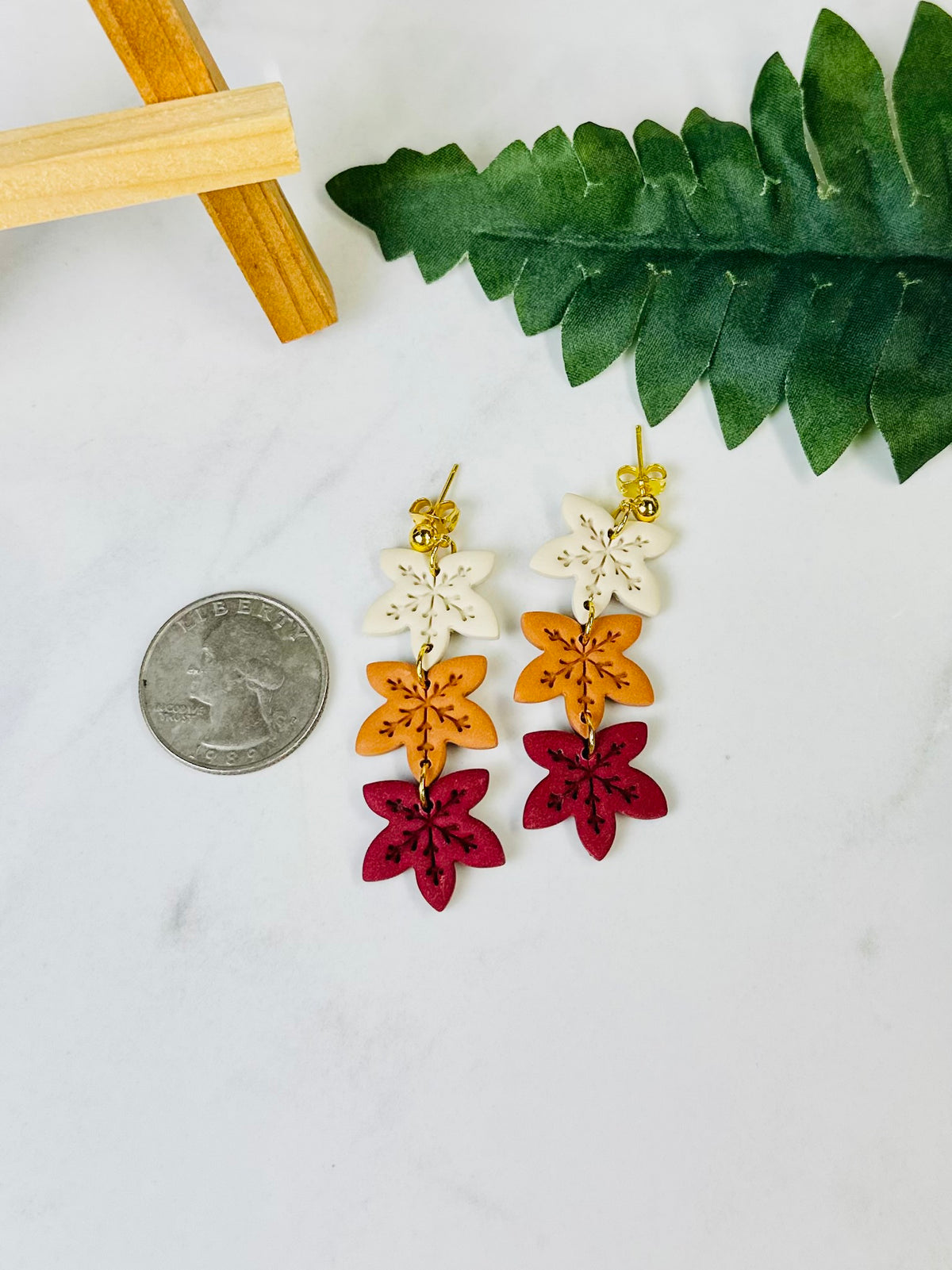 Autumn Leaves Polymer Clay Dangle Earrings | Cream, Caramel & Burgundy Autumn Leaf Polymer Clay Earrings