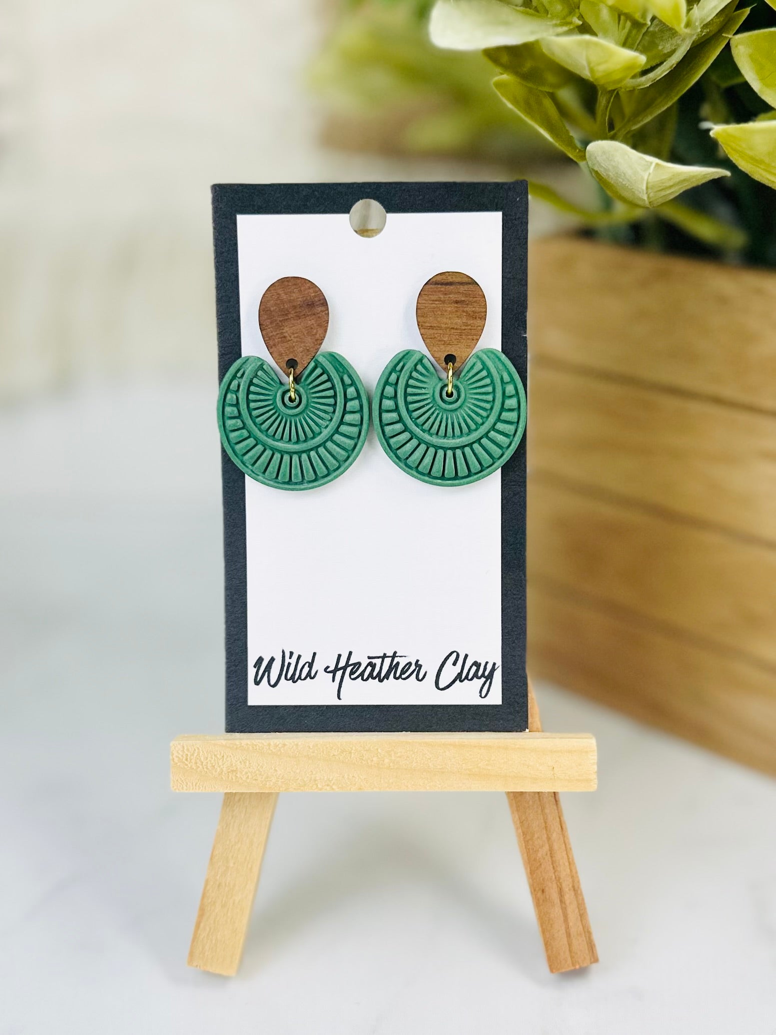Green Boho Statement Earrings with Wood | Handmade Polymer Clay Earrings