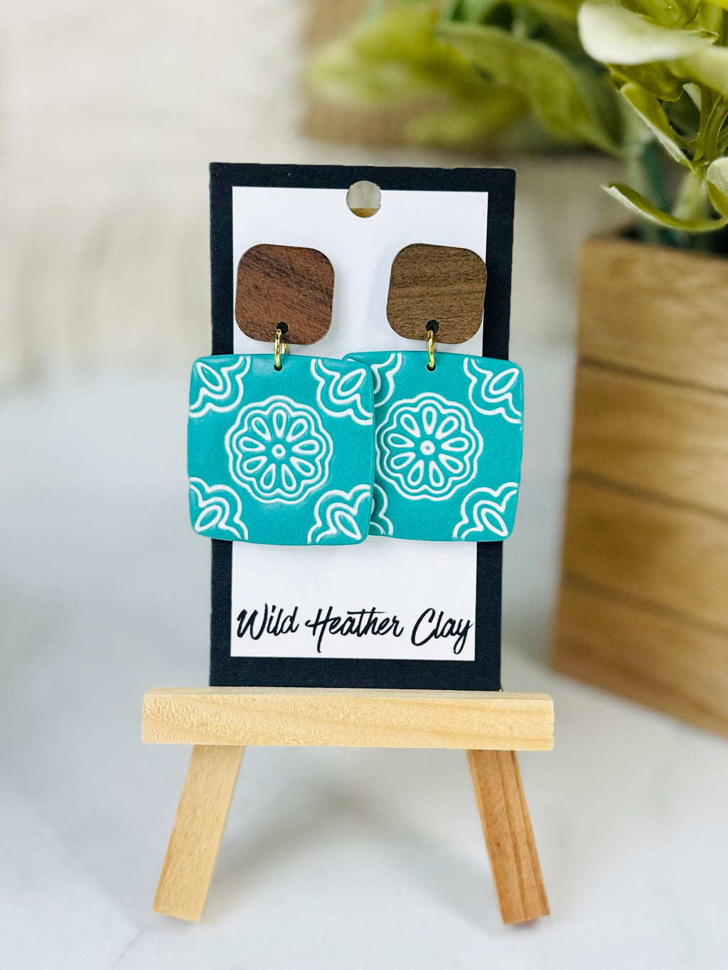 Turquoise Floral Statement Earrings with Wood | Handmade Polymer Clay Earrings