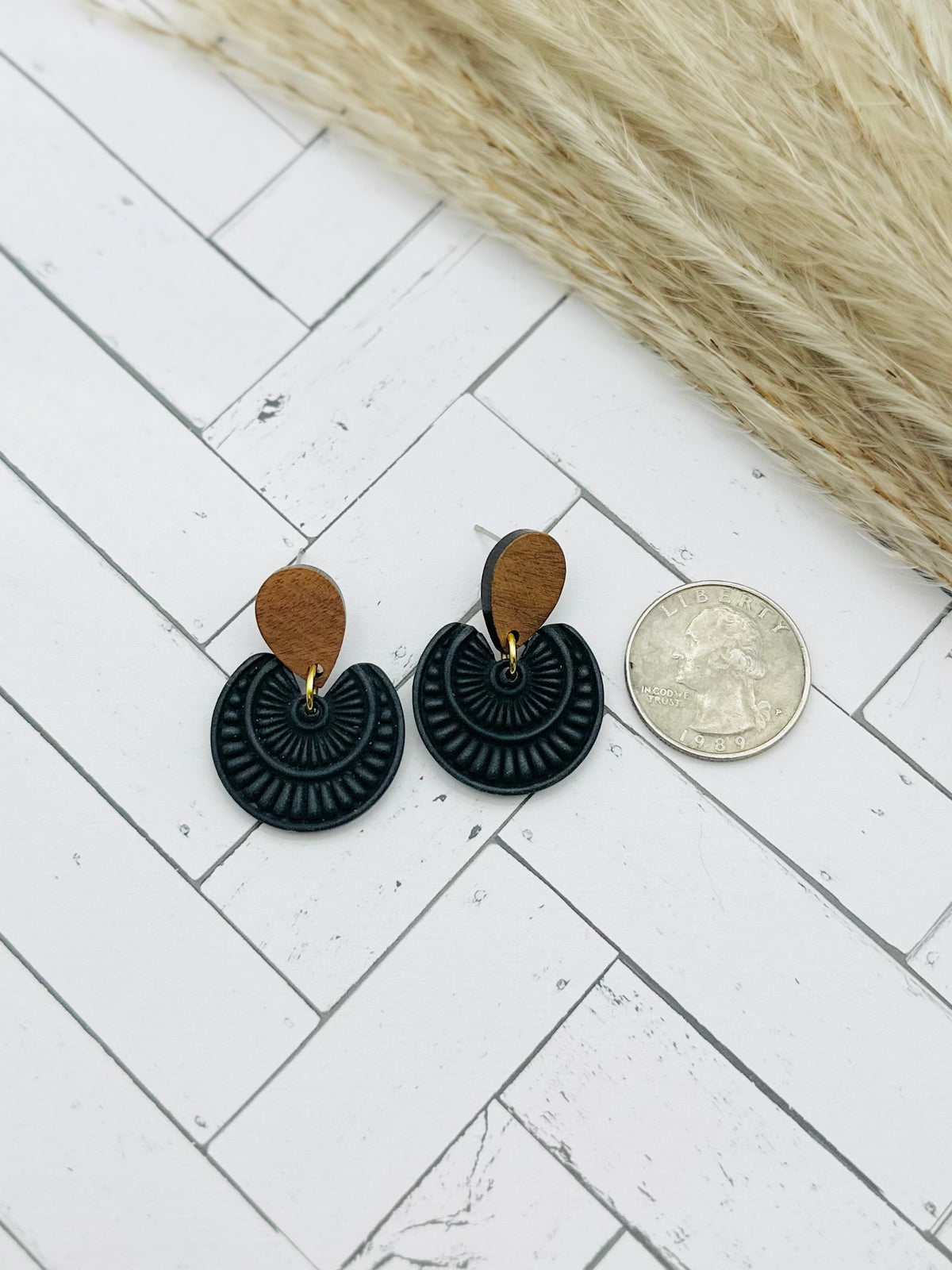 Black Sunburst Dangle Earrings with Wood Studs