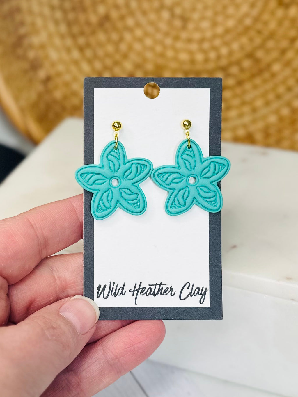 Turquoise Floral Shell Earrings – Handmade Polymer Clay Flower Earrings, Bold Statement Dangles, Lightweight Summer Jewelry