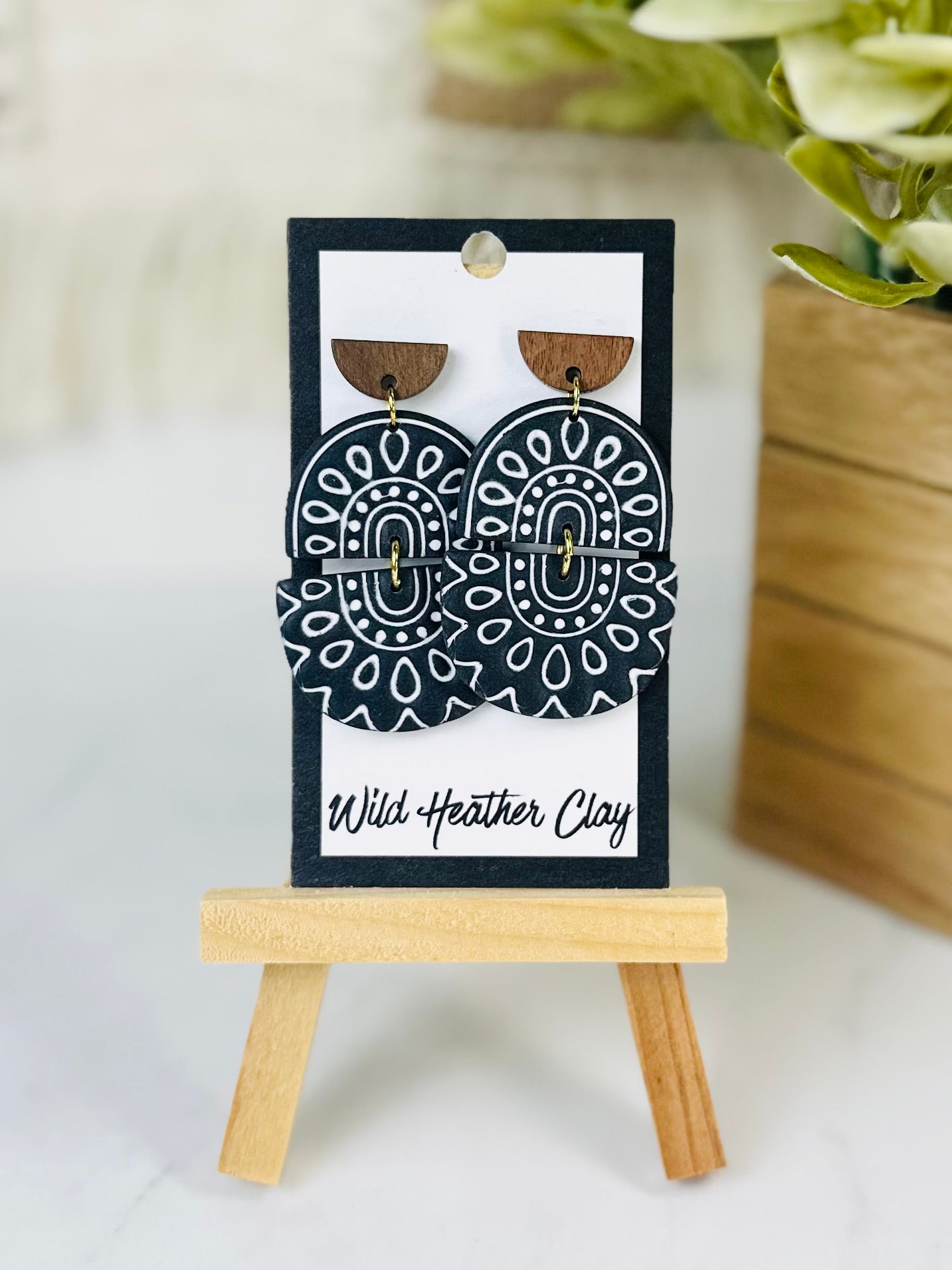 Black & White Boho Arch Dangle Earrings with Wood | Handmade Polymer Clay Earrings
