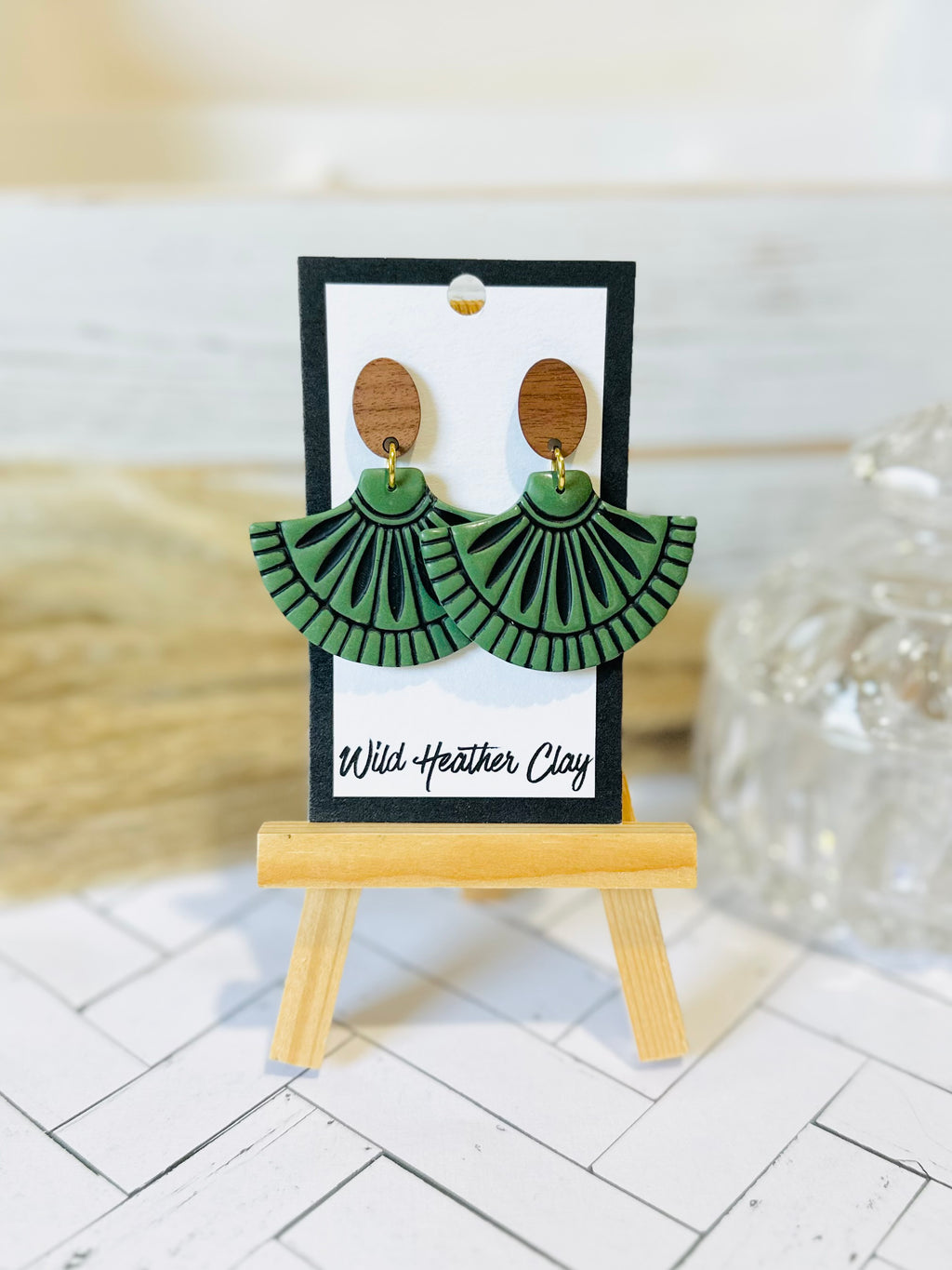 Sage Green Art Deco Fan Wood & Polymer Clay Earrings