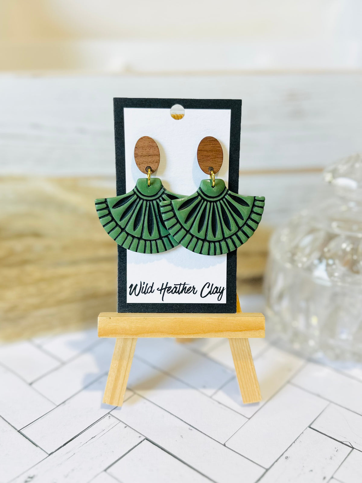 Sage Green Art Deco Fan Wood & Polymer Clay Earrings