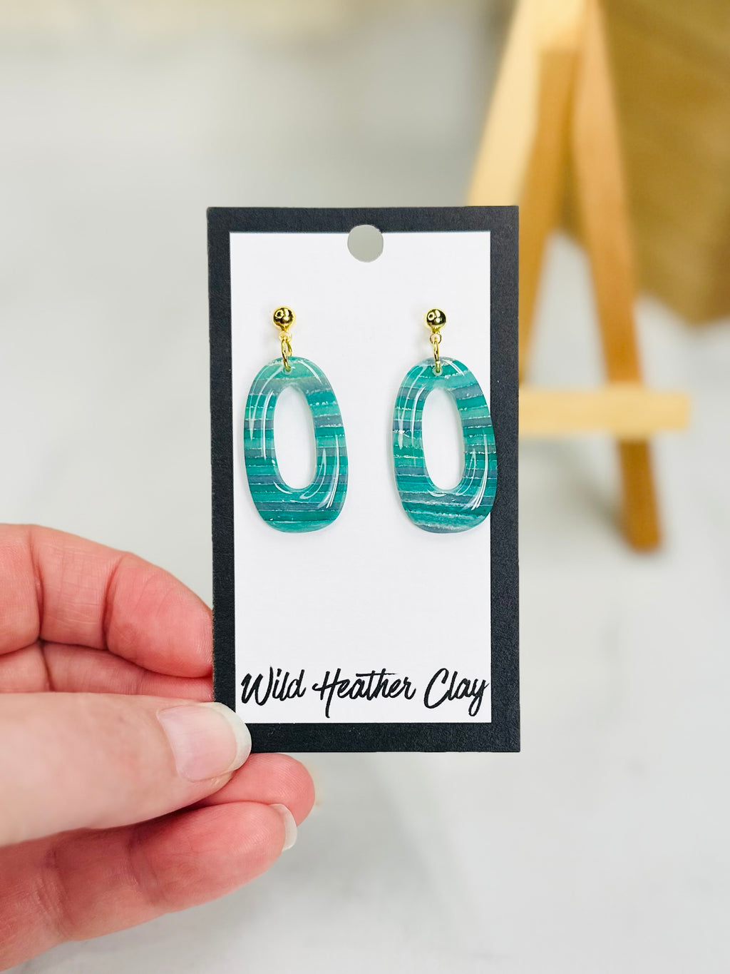 Turquoise Striped Open Oval Earrings | Handmade Polymer Clay Earrings
