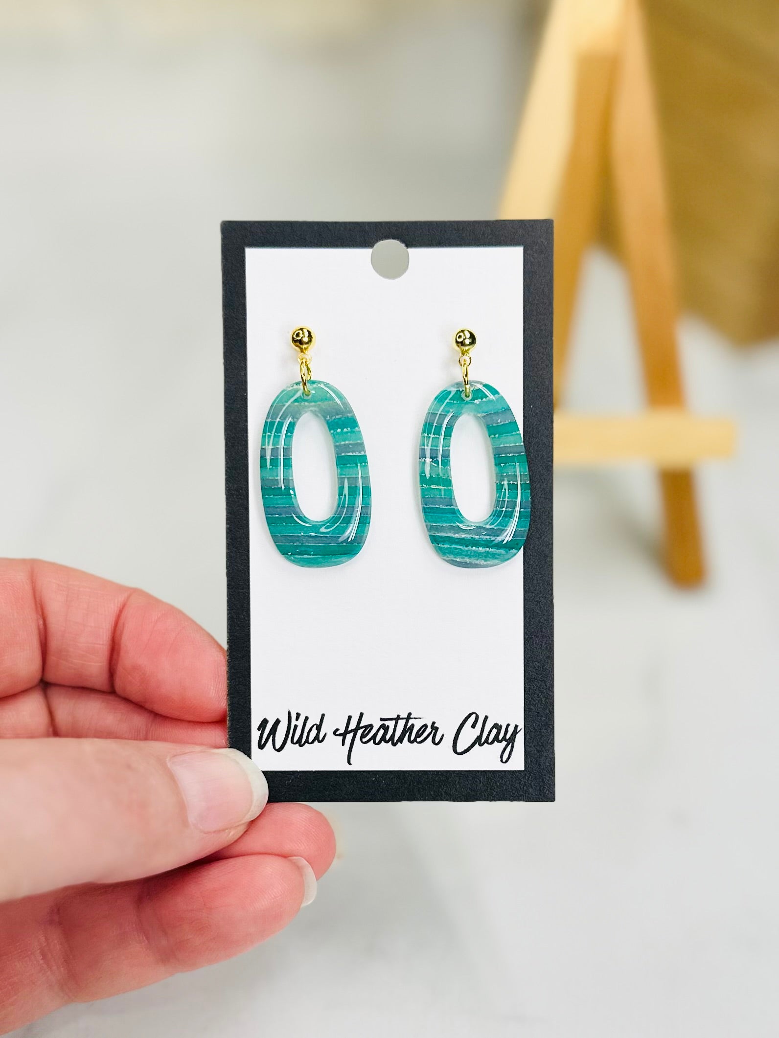 Turquoise Striped Open Oval Earrings | Handmade Polymer Clay Earrings