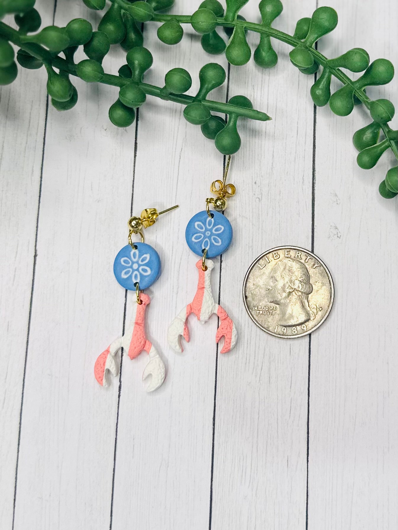Costal Blue Flower & Pink and White Striped Lobster Earrings – Handmade Coastal Polymer Clay Earrings, Beach Dangle Earrings, Lightweight Summer Jewelry