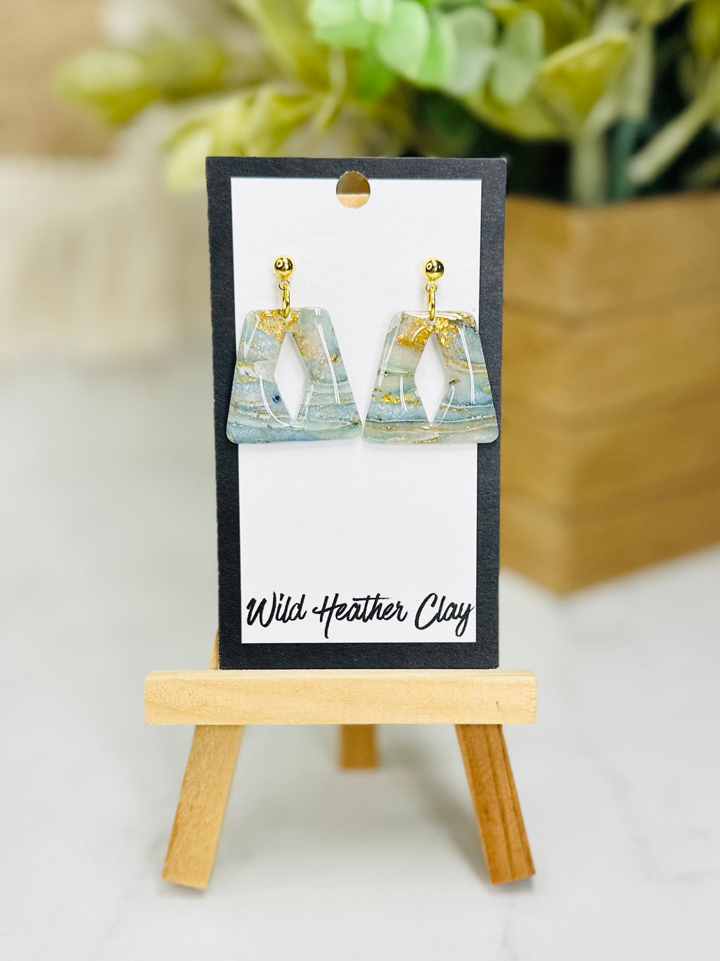 Blue & Gold Geometric Cutout Earrings | Handmade Polymer Clay Earrings