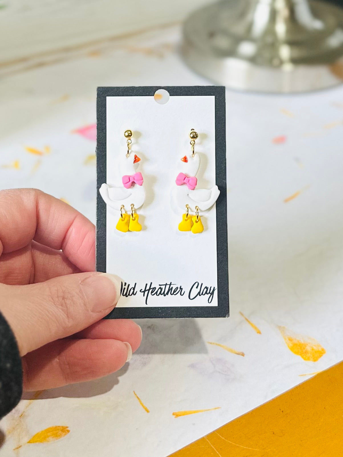 Handmade Goose Clay Earrings | Cute Farm Animal Dangle Earrings | Pink Bow Statement Earrings | Whimsical Cottagecore Jewelry
