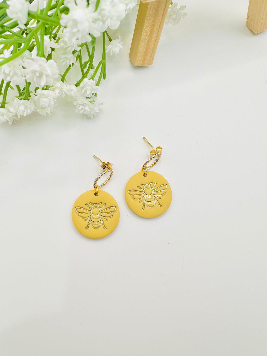 Yellow Bee Earrings with Gold Circle Rope Studs | Handmade Polymer Clay Earrings | Spring Floral Statement Earrings