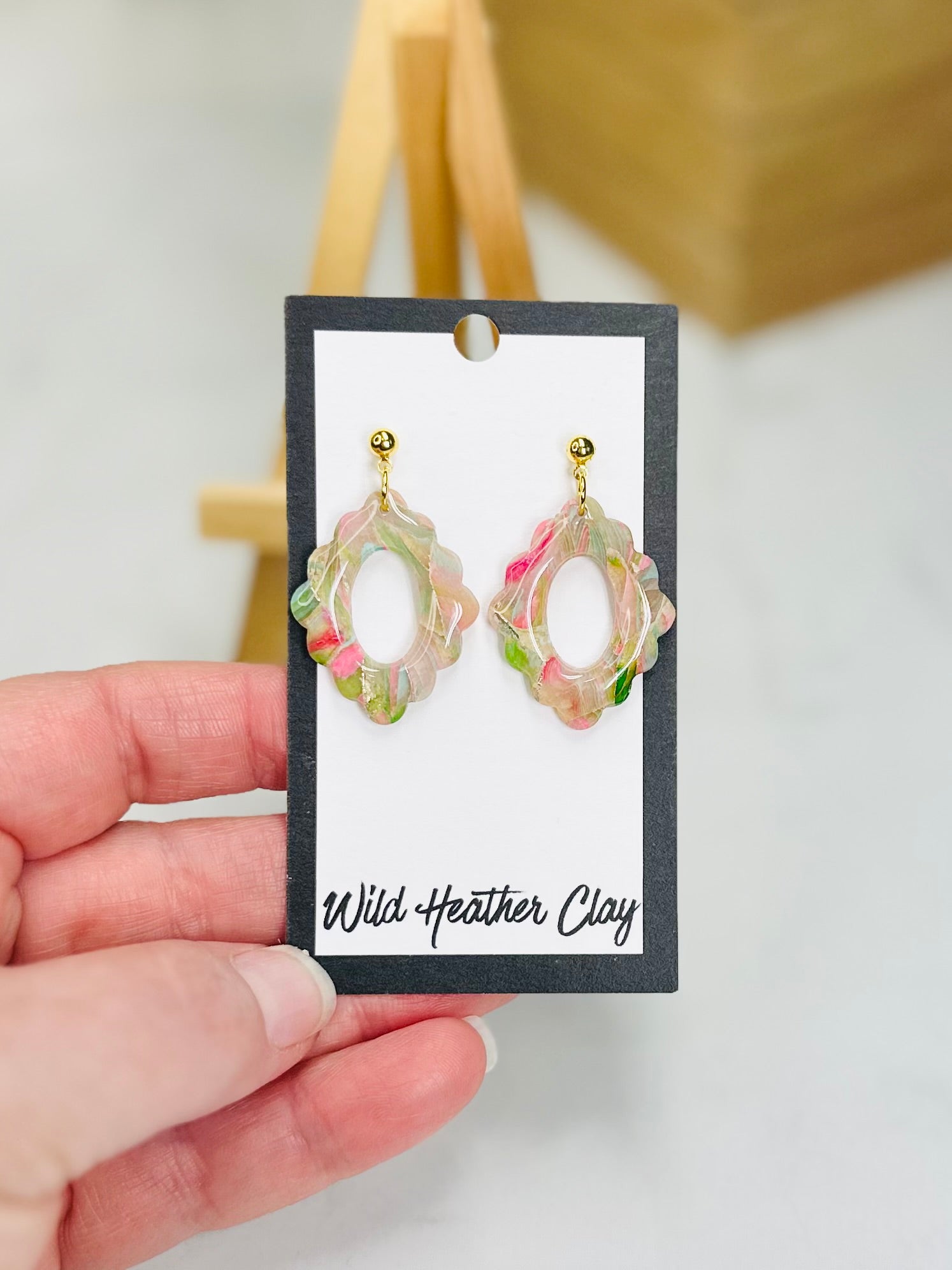 Pink & Green Open Oval Earrings | Handmade Polymer Clay Earrings