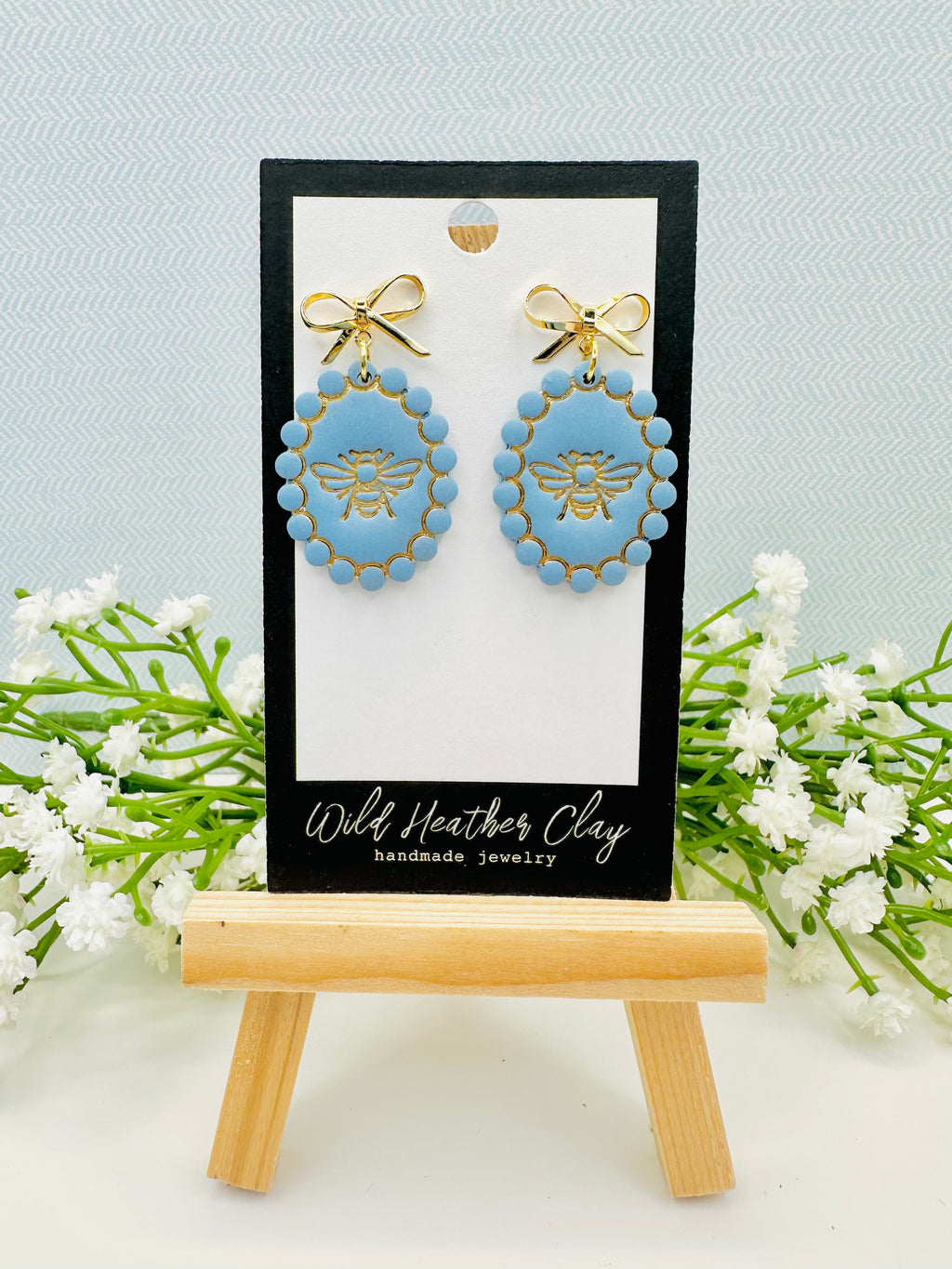 Blue Bee Earrings with Gold Bow Studs | Handmade Polymer Clay Earrings | Spring Floral Statement Earrings