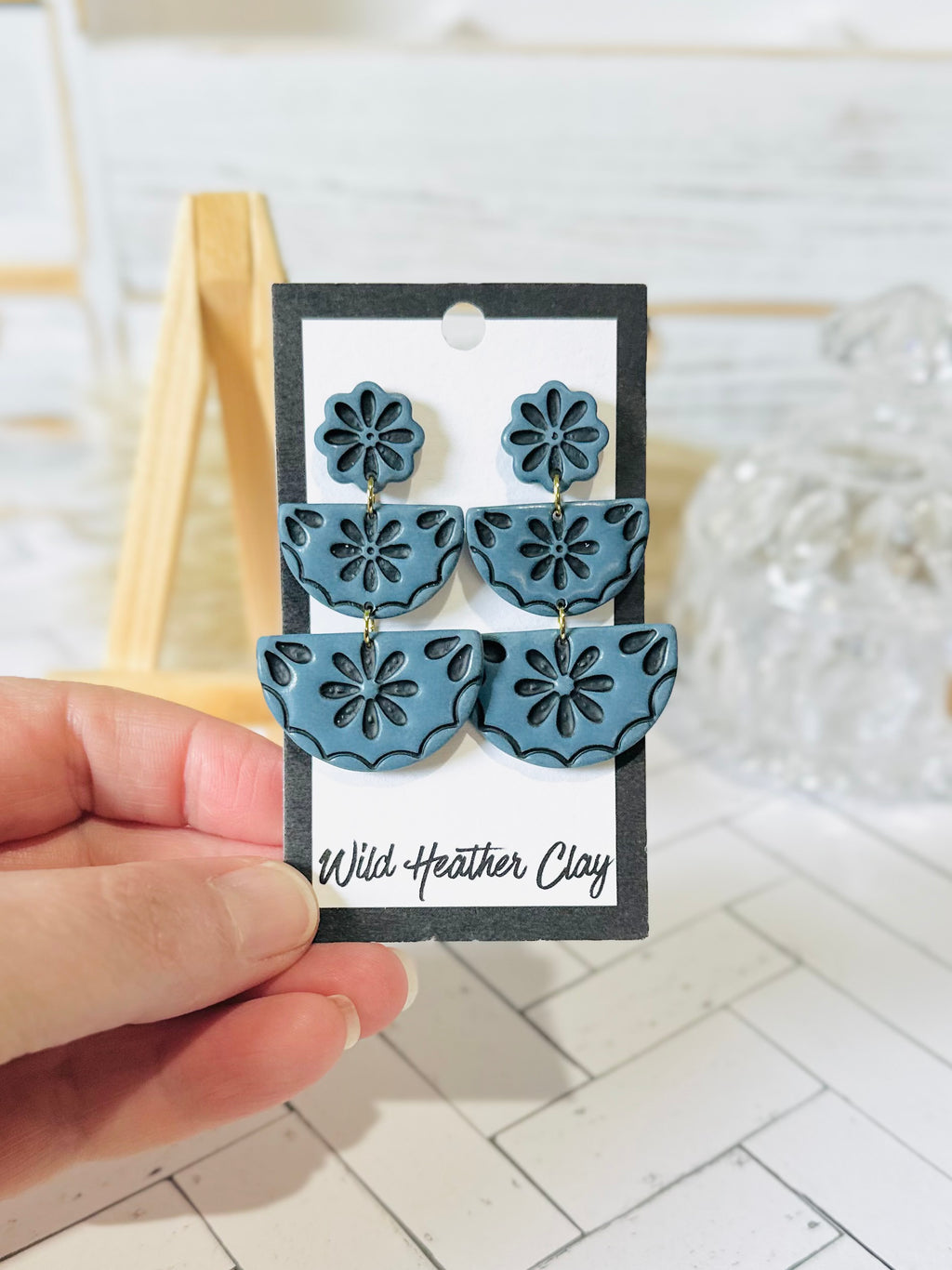 Mineral Blue Floral Tiered Polymer Clay Earrings