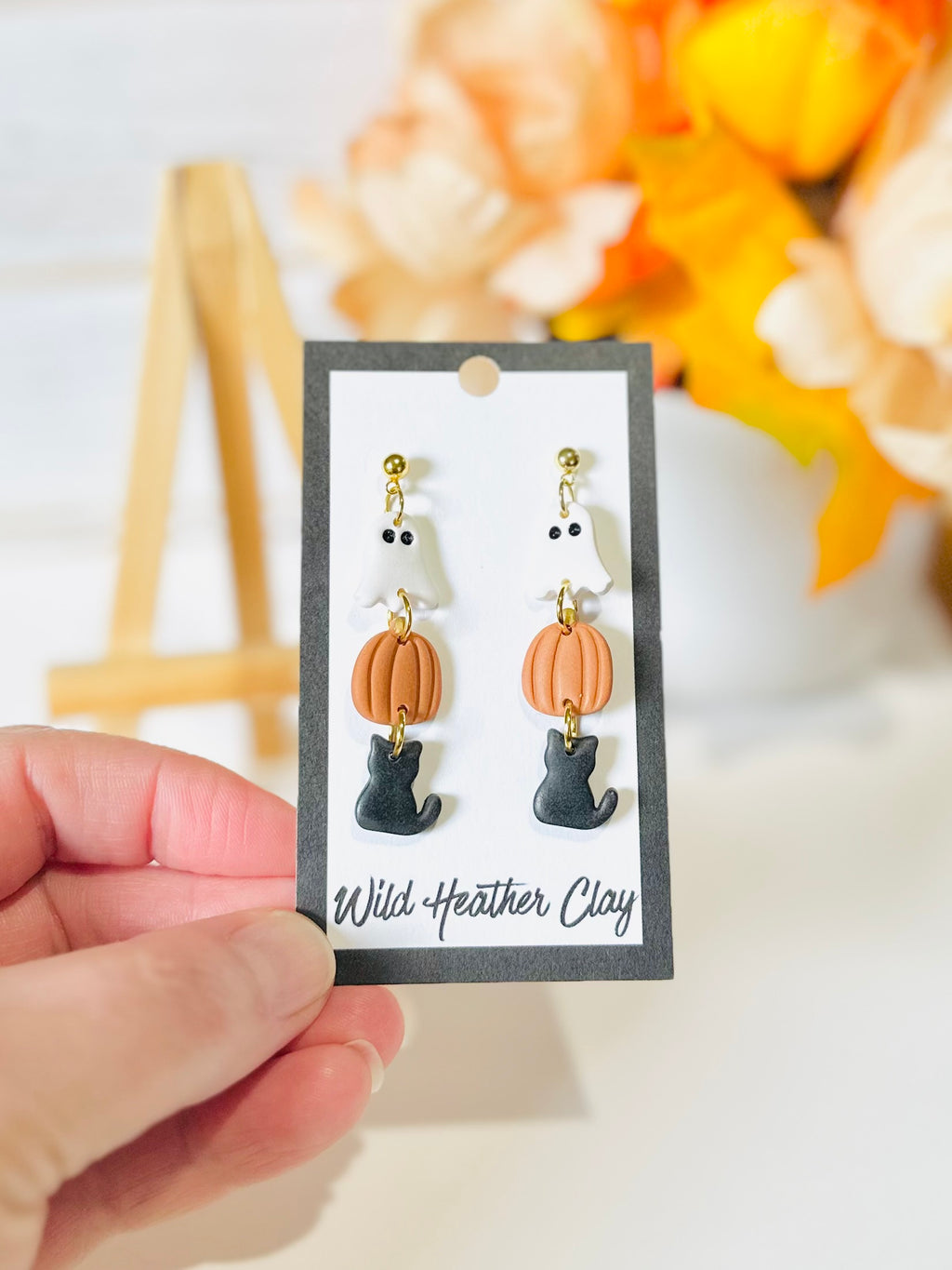 Ghost, Pumpkin & Black Cat Polymer Clay Earrings