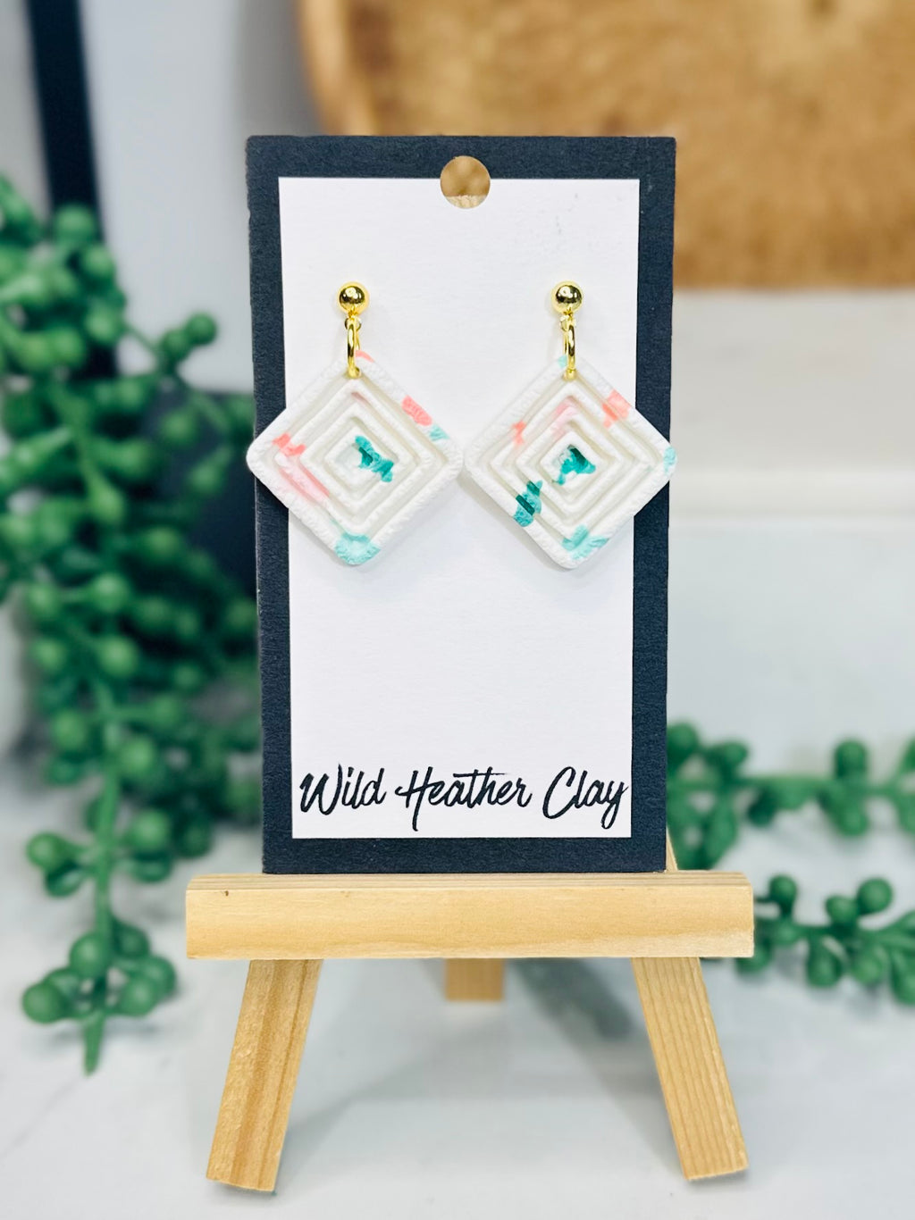 Square White Geometric Earrings – Handmade Polymer Clay Dangle Earrings, Minimalist Gold Earrings, Lightweight Modern Jewelry