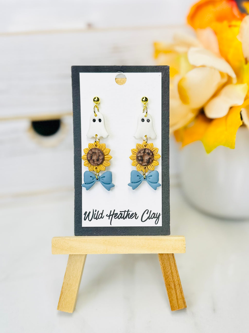 Ghost, Sunflower & Blue Bow Polymer Clay Earrings