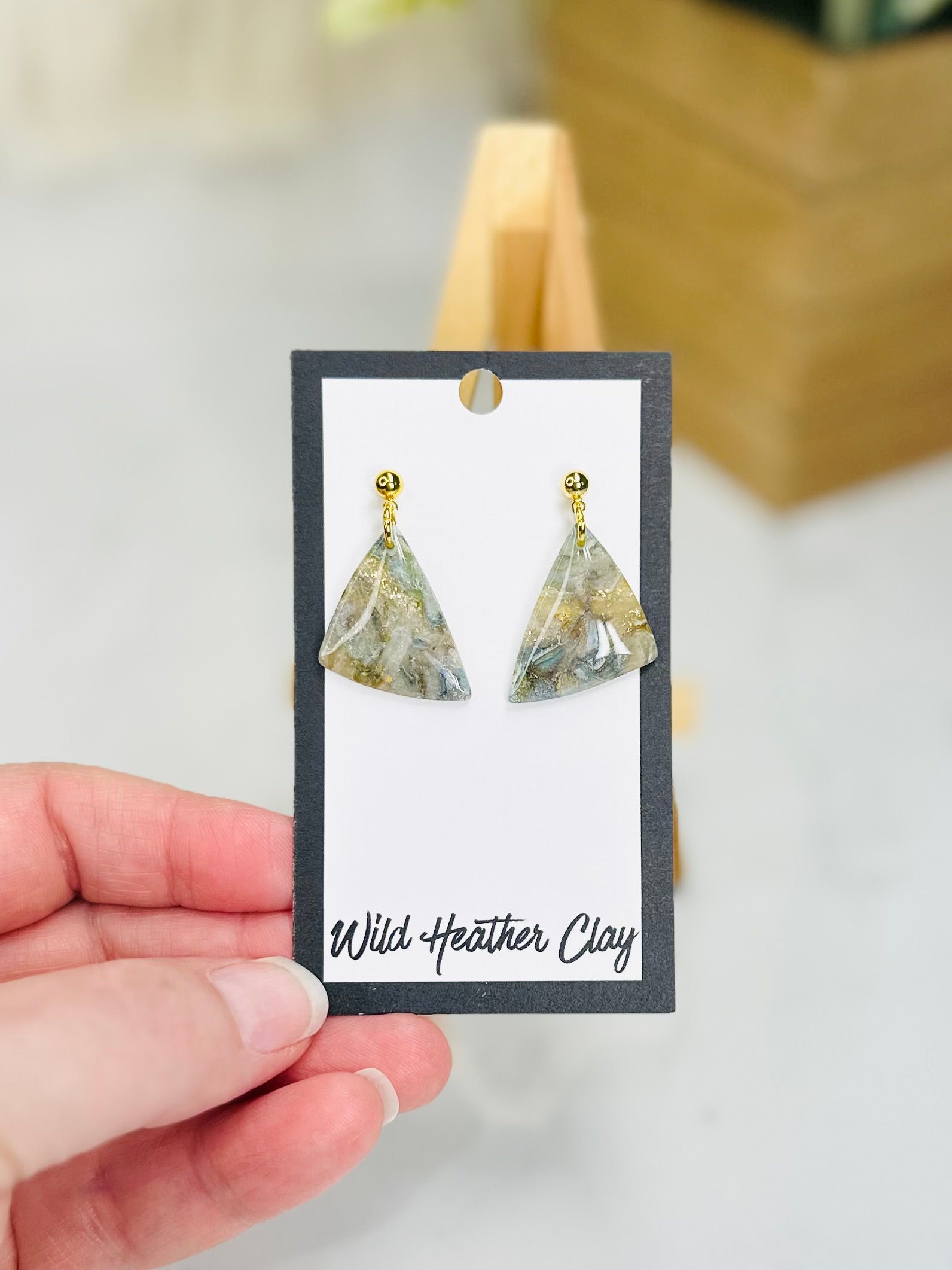 Moss Agate Triangle Earrings | Handmade Polymer Clay Earrings