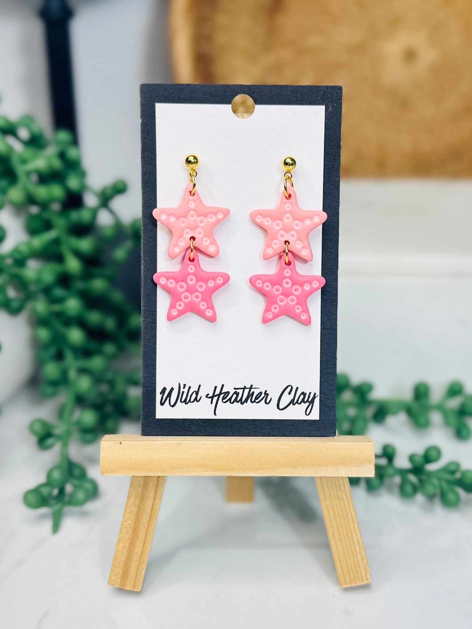 Pink Starfish Earrings – Handmade Polymer Clay Coastal Earrings, Beach Dangle Earrings, Lightweight Summer Jewelry