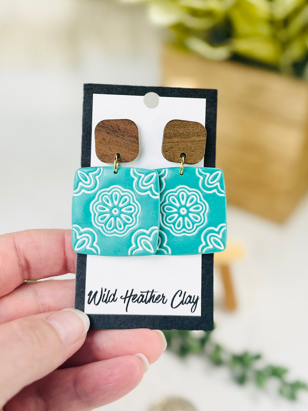 Turquoise Floral Statement Earrings with Wood | Handmade Polymer Clay Earrings