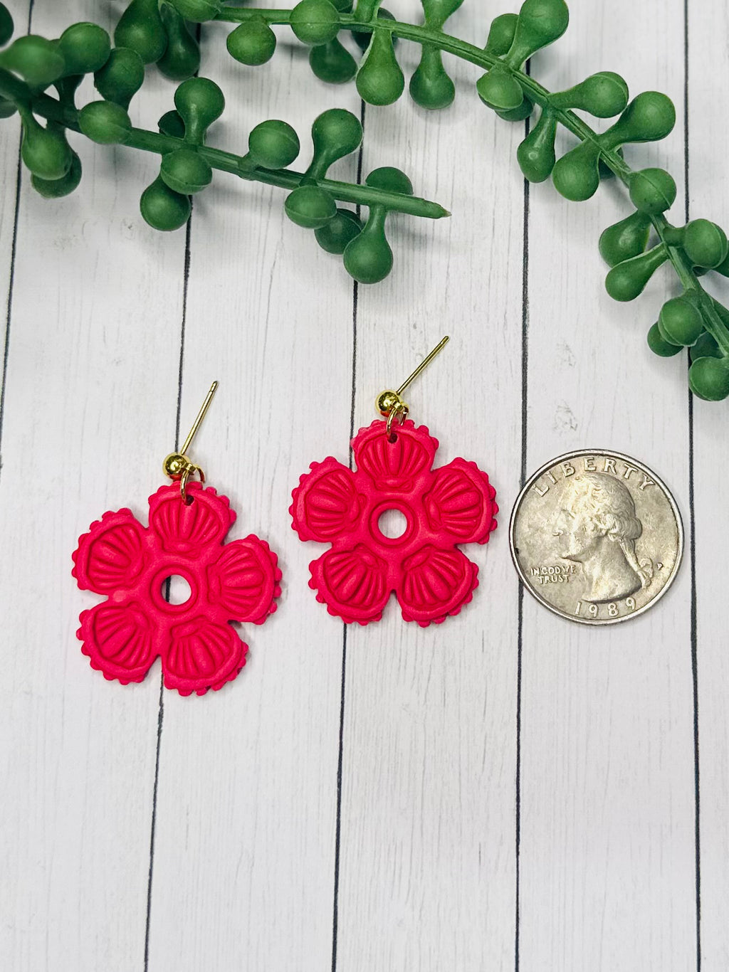 Hot Pink Floral Shell Earrings – Handmade Polymer Clay Flower Earrings, Bold Statement Dangles, Lightweight Summer Jewelry